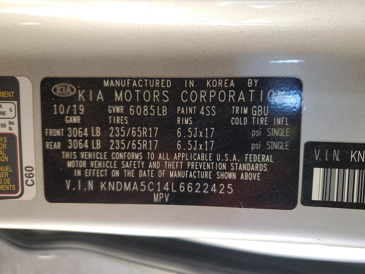 2020 Kia Sedona L VIN: KNDMA5C14L6622425 Lot: 82767155