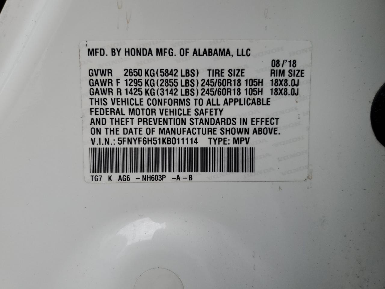 2019 Honda Pilot Exl VIN: 5FNYF6H51KB011114 Lot: 85521135