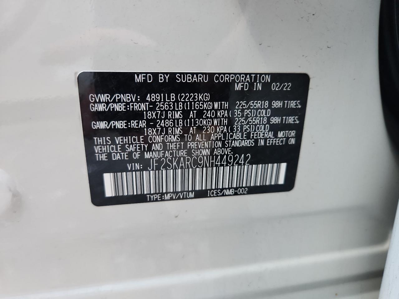 2022 Subaru Forester Touring VIN: JF2SKARC9NH449242 Lot: 89705785