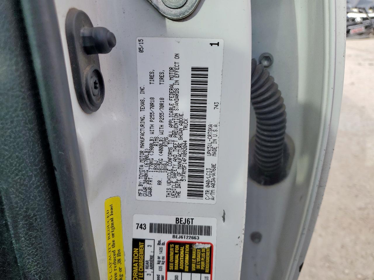 2015 Toyota Tundra Double Cab Sr VIN: 5TFRM5F14FX092044 Lot: 84611585