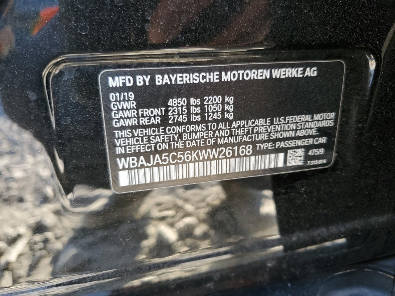 2019 BMW 530 I VIN: WBAJA5C56KWW26168 Lot: 86286405