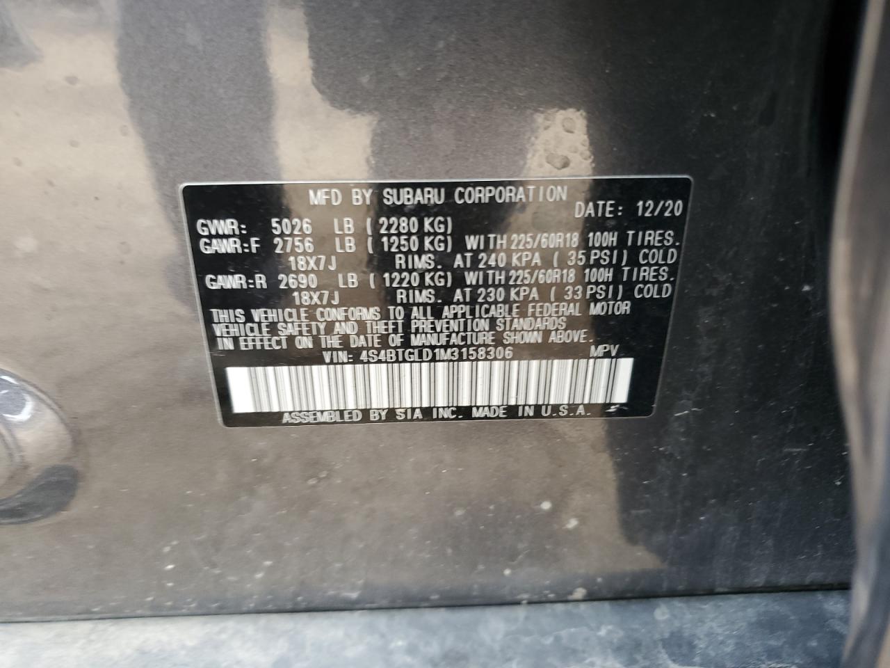 2021 Subaru Outback Onyx Edition Xt VIN: 4S4BTGLD1M3158306 Lot: 82399865