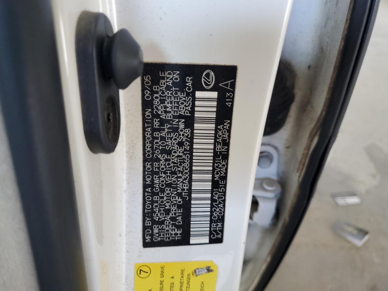 2006 Lexus Es 330 VIN: JTHBA30G865149738 Lot: 85782255