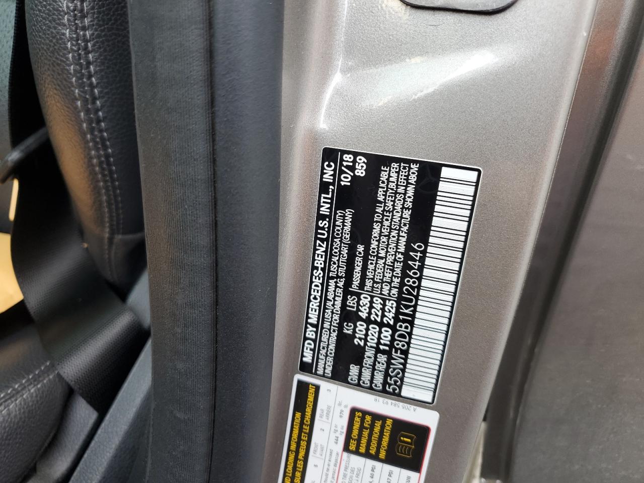 2019 Mercedes-Benz C 300 VIN: 55SWF8DB1KU286446 Lot: 85333915