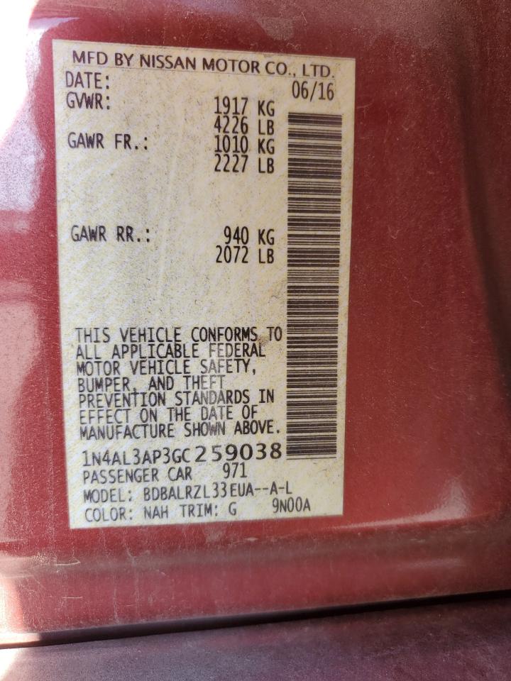 2016 Nissan Altima 2.5 VIN: 1N4AL3AP3GC259038 Lot: 85894085