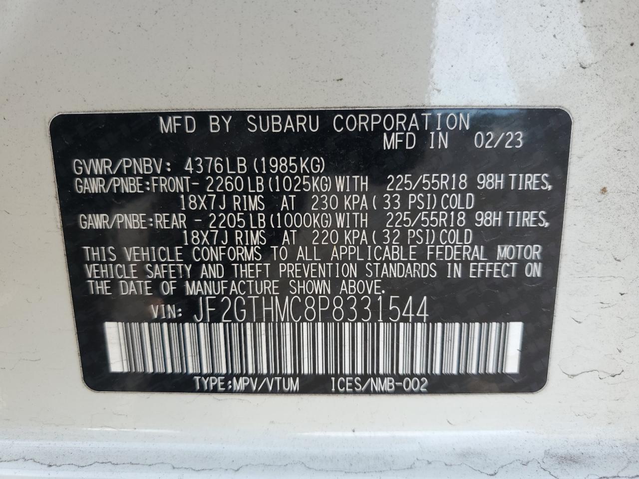 2023 Subaru Crosstrek Limited VIN: JF2GTHMC8P8331544 Lot: 85163105