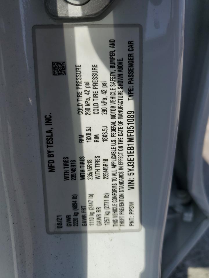 2021 Tesla Model 3 VIN: 5YJ3E1EB1MF051089 Lot: 85331415