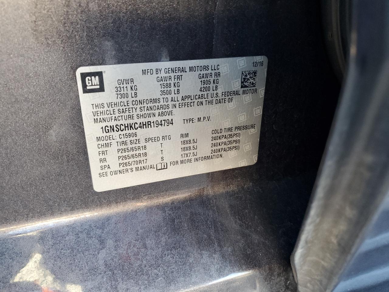 2017 Chevrolet Suburban C1500 Lt VIN: 1GNSCHKC4HR194794 Lot: 85718235