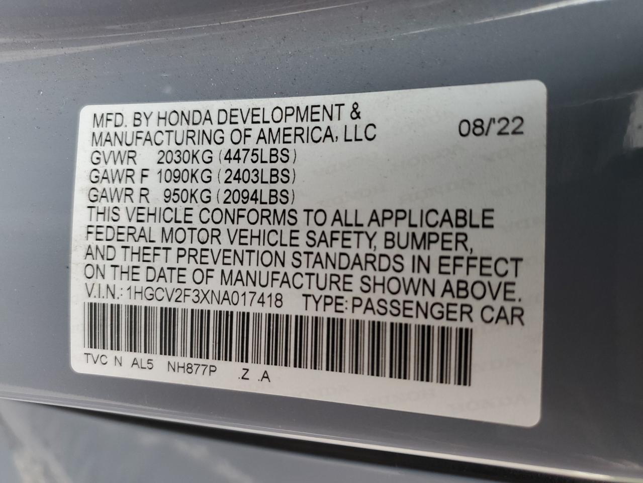 2022 Honda Accord Sport VIN: 1HGCV2F3XNA017418 Lot: 85896245