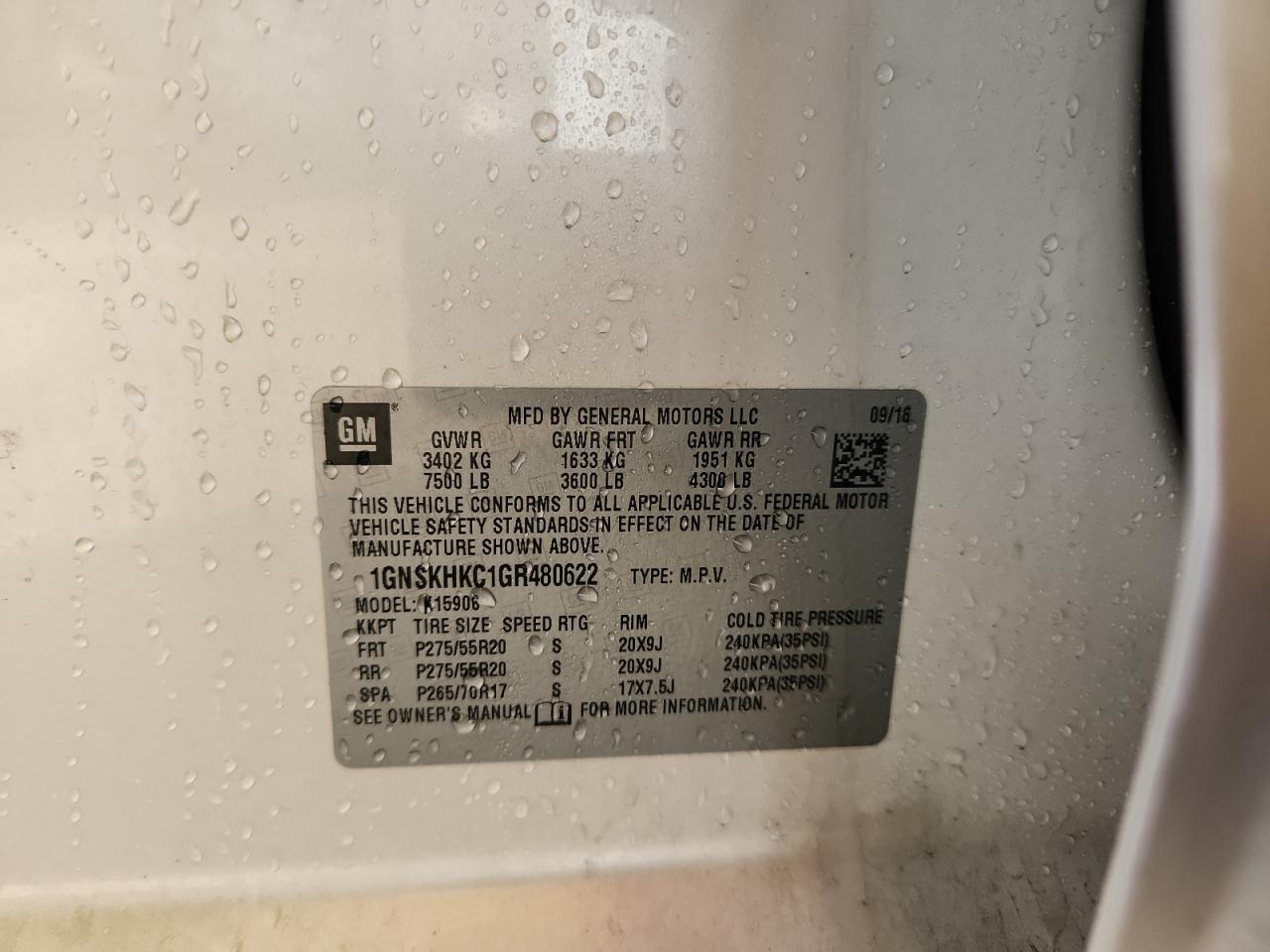 2016 Chevrolet Suburban K1500 Lt VIN: 1GNSKHKC1GR480622 Lot: 84816115