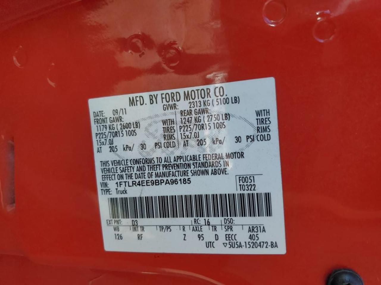 2011 Ford Ranger Super Cab VIN: 1FTLR4EE9BPA96185 Lot: 85767915