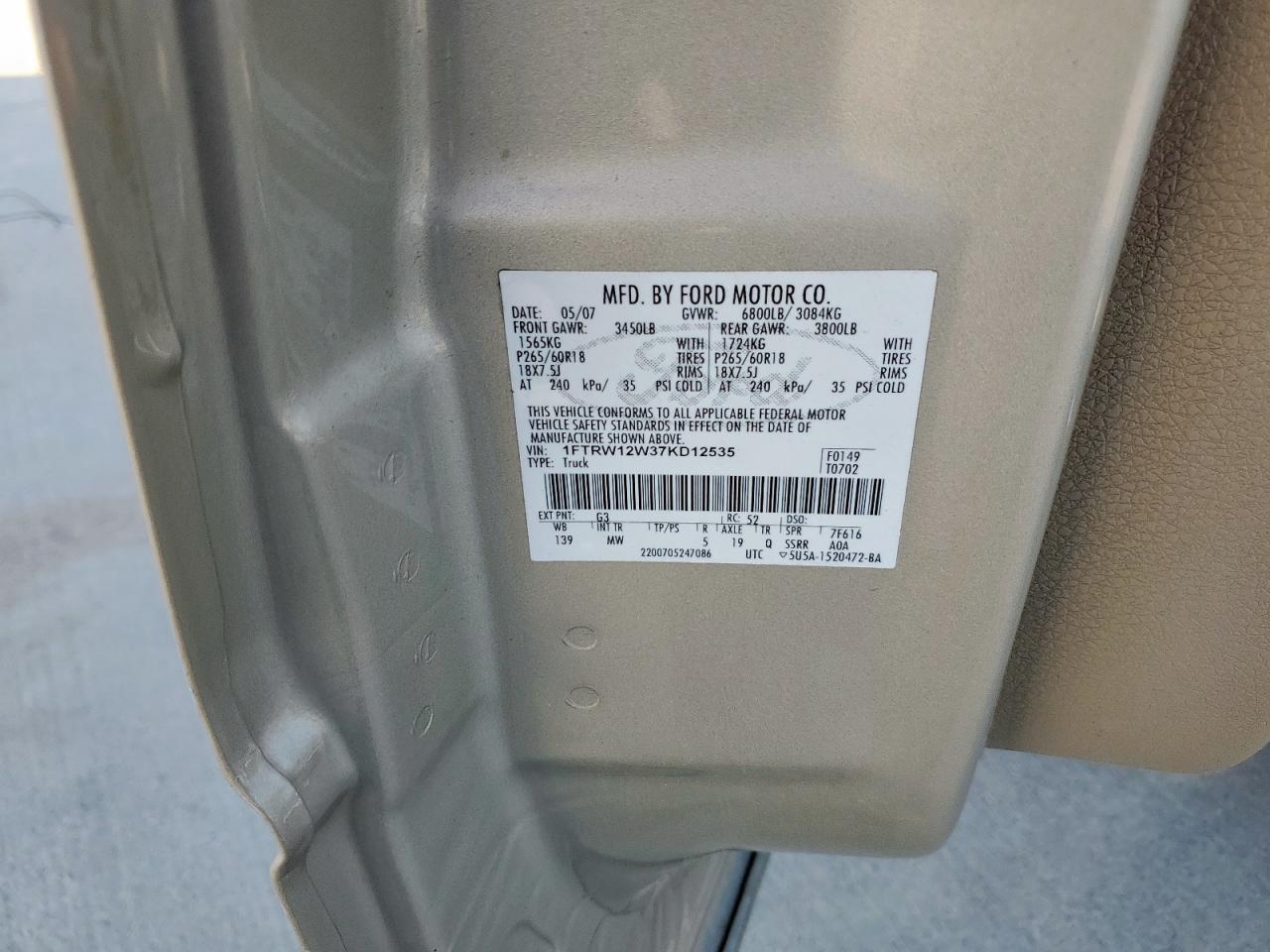2007 Ford F150 Supercrew VIN: 1FTRW12W37KD12535 Lot: 82182865