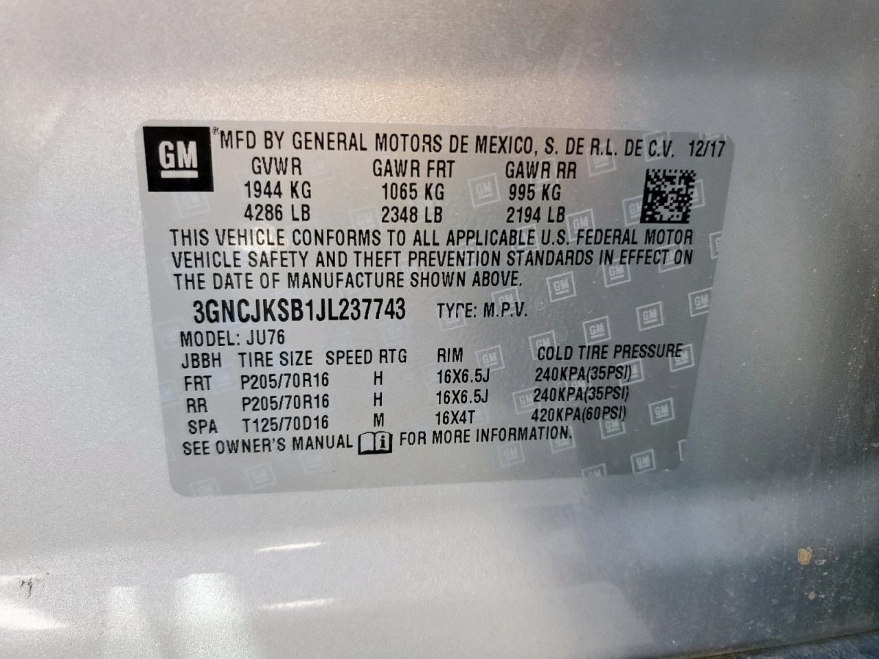 2018 Chevrolet Trax Ls VIN: 3GNCJKSB1JL237743 Lot: 81329025