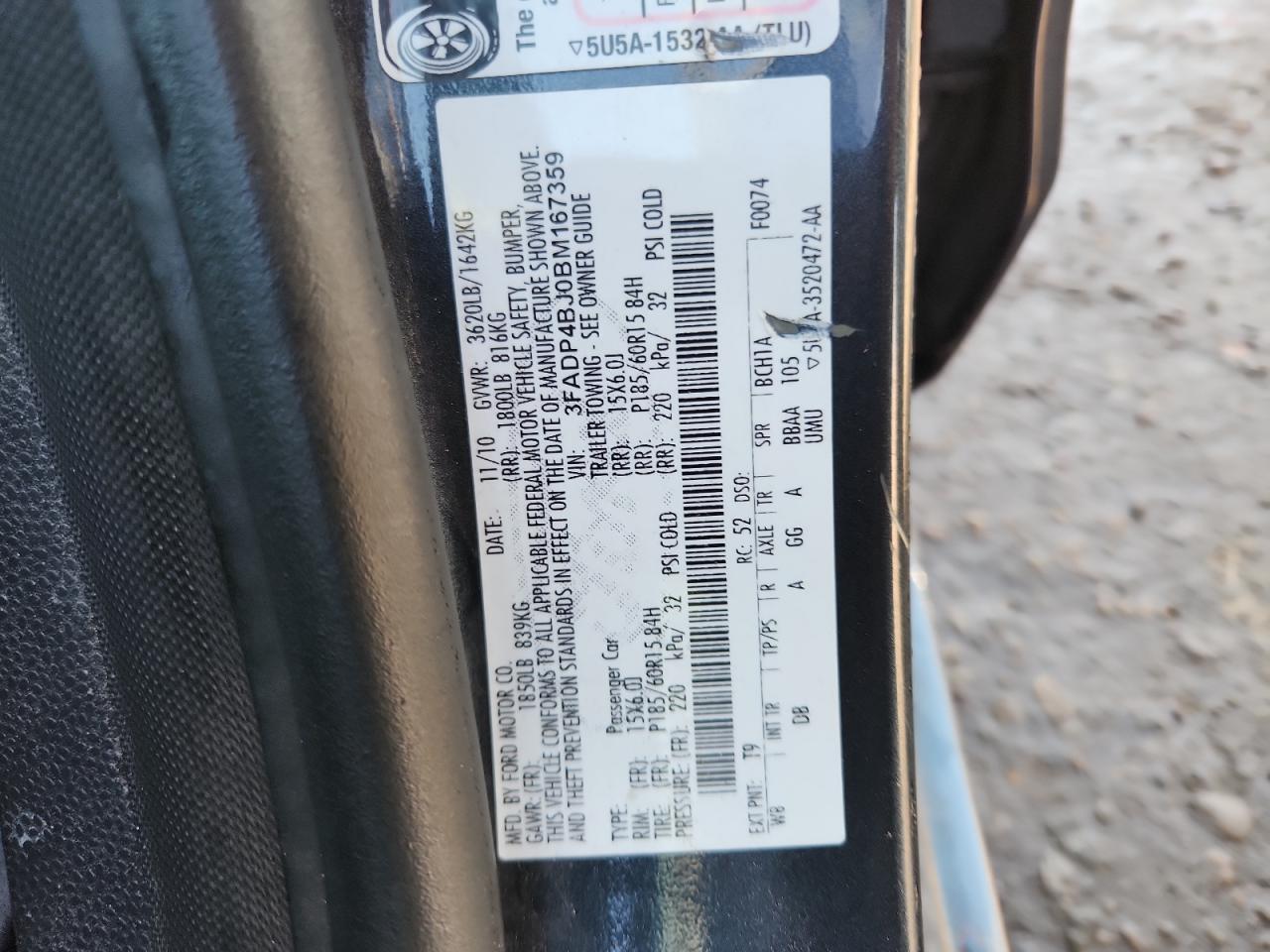 2011 Ford Fiesta Se VIN: 3FADP4BJ0BM167359 Lot: 85733365