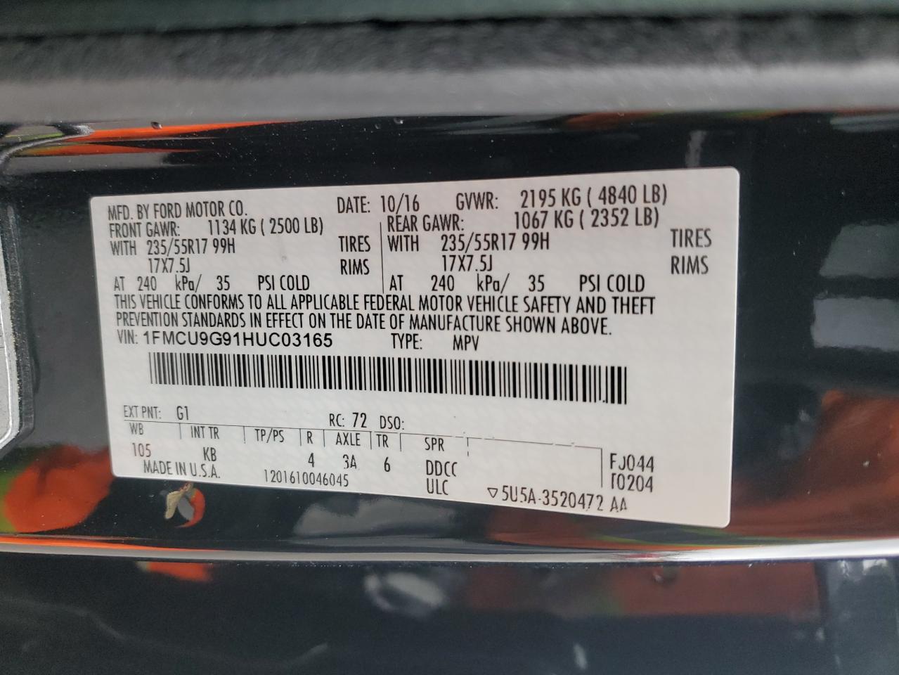 2017 Ford Escape Se VIN: 1FMCU9G91HUC03165 Lot: 82425665