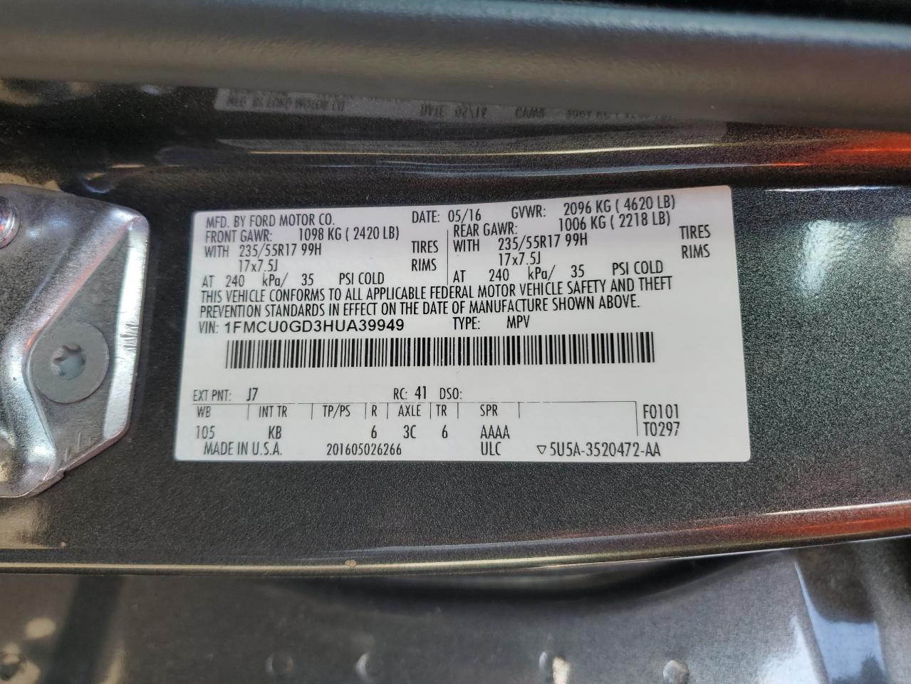 2017 Ford Escape Se VIN: 1FMCU0GD3HUA39949 Lot: 85828465