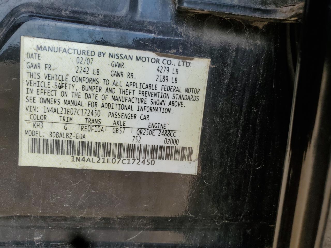 2007 Nissan Altima 2.5 VIN: 1N4AL21E07C172450 Lot: 84774245