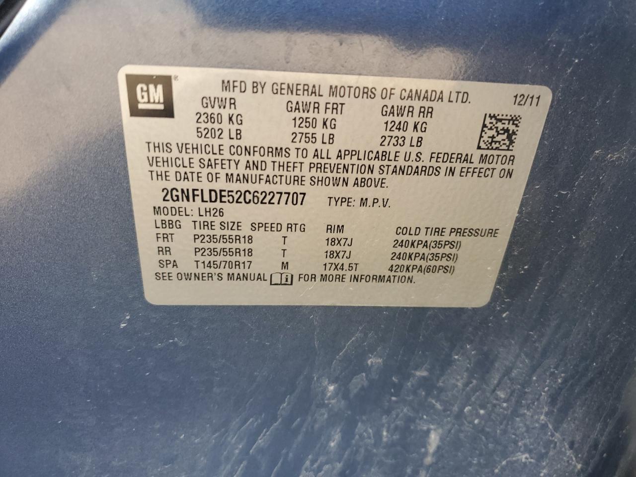 2012 Chevrolet Equinox Lt VIN: 2GNFLDE52C6227707 Lot: 86501145