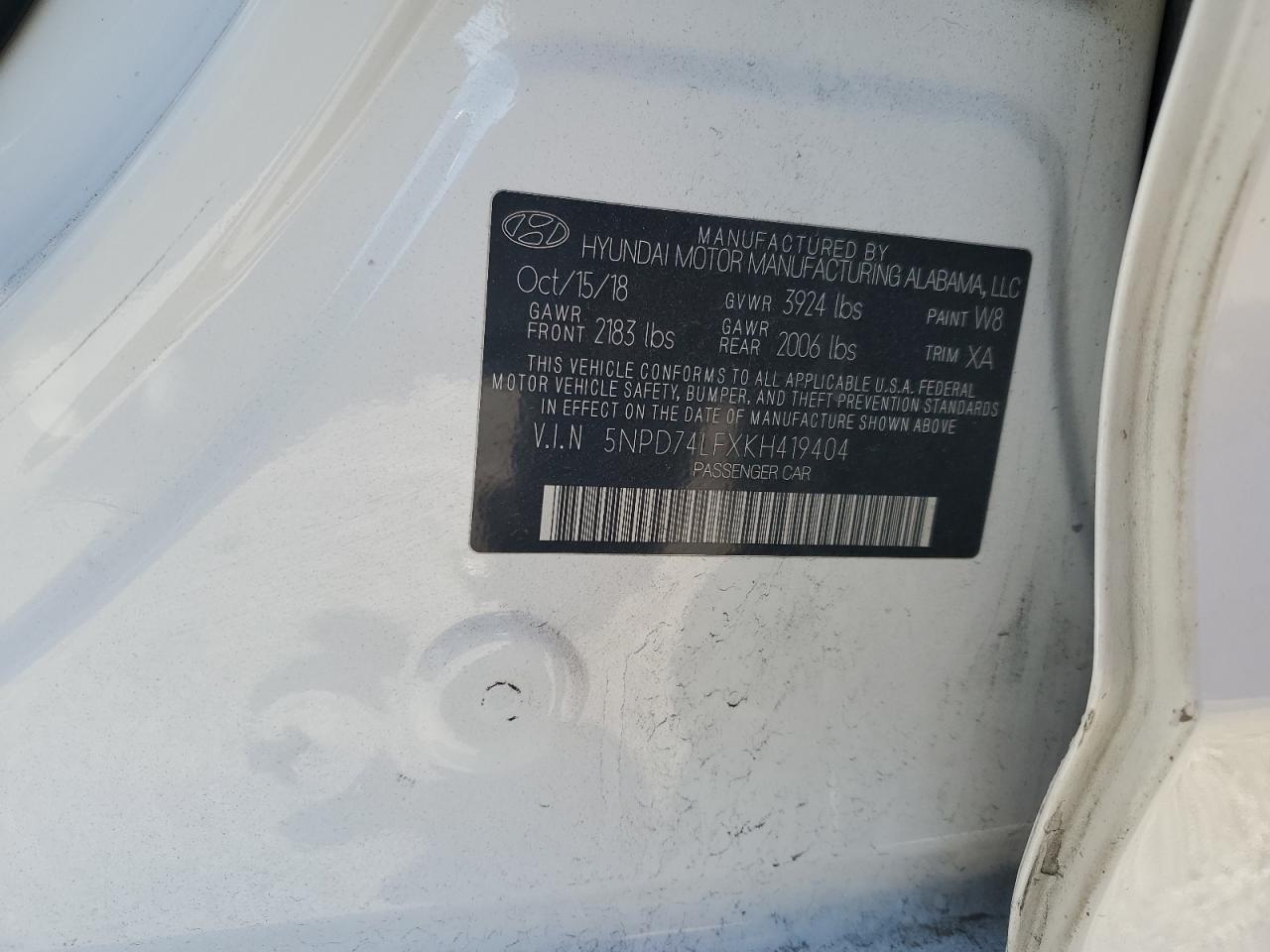 2019 Hyundai Elantra Se VIN: 5NPD74LFXKH419404 Lot: 89560295