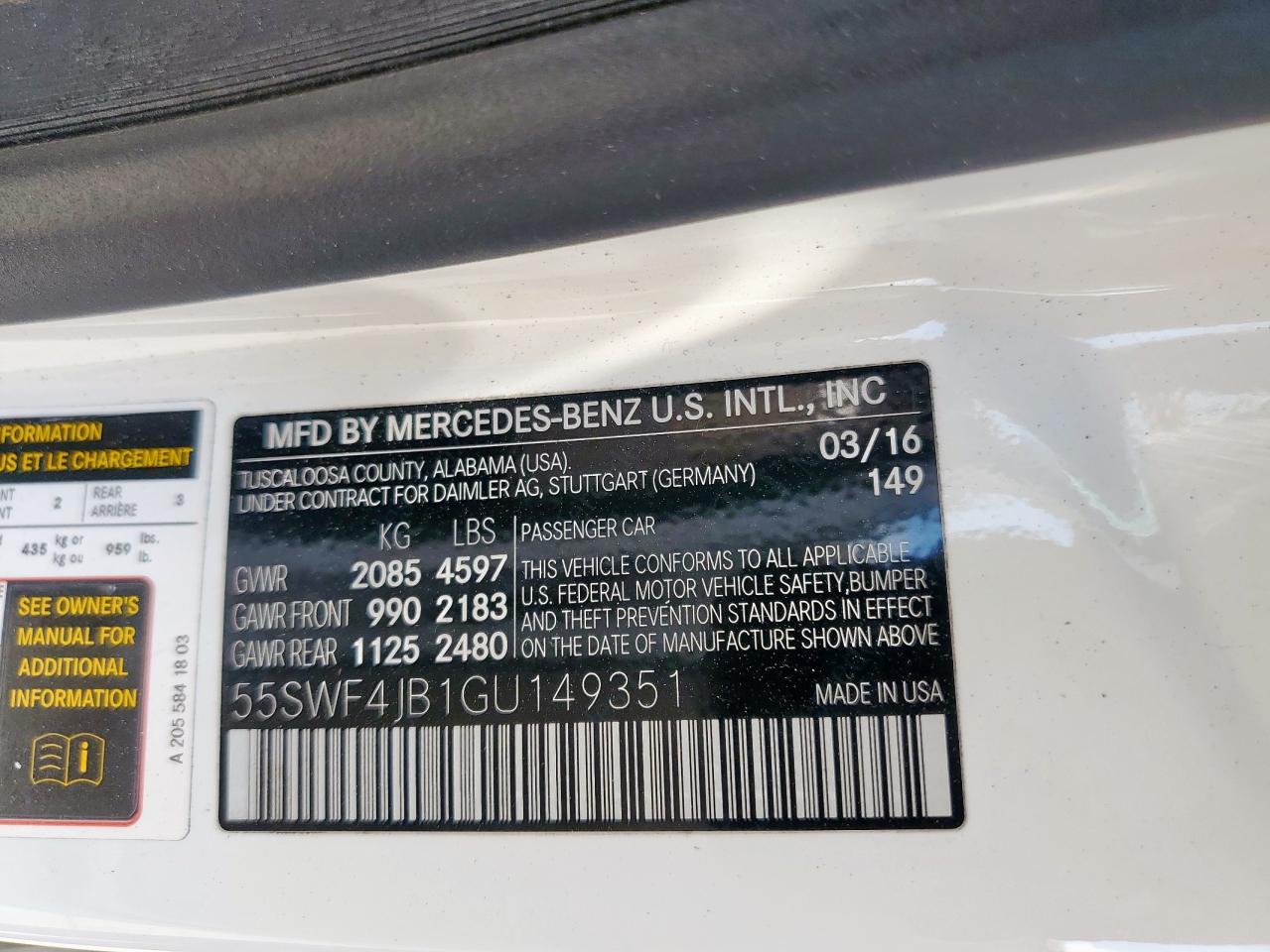 2016 Mercedes-Benz C 300 VIN: 55SWF4JB1GU149351 Lot: 84963645