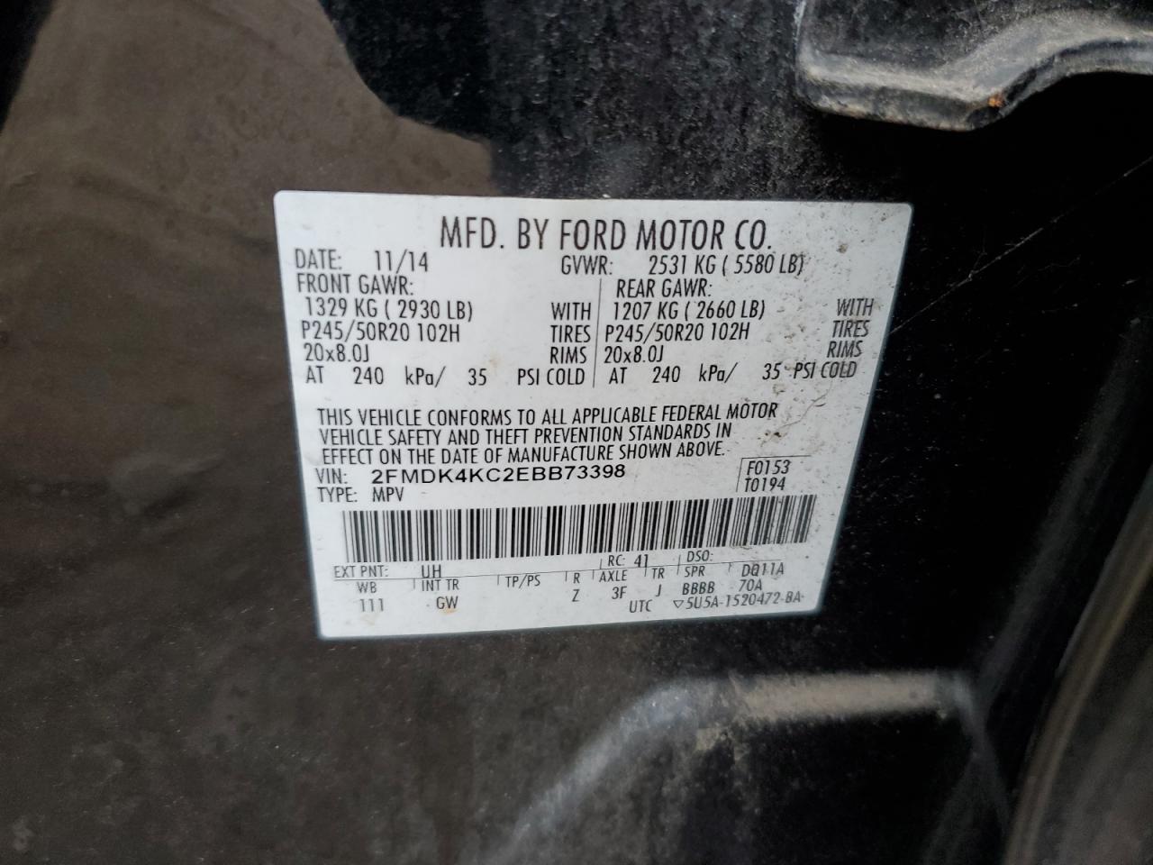 2014 Ford Edge Limited VIN: 2FMDK4KC2EBB73398 Lot: 85552495