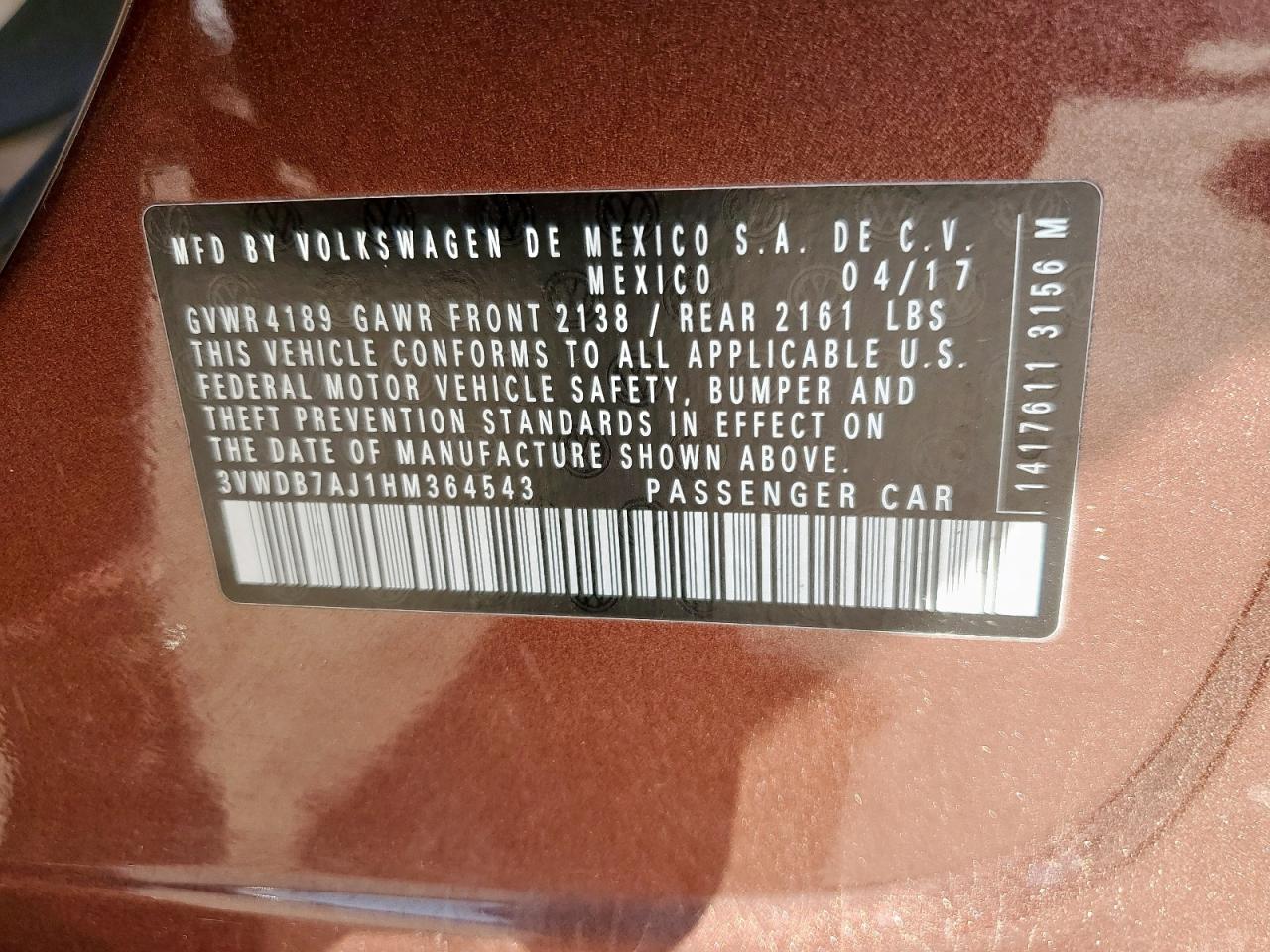 2017 Volkswagen Jetta Se VIN: 3VWDB7AJ1HM364543 Lot: 86181435