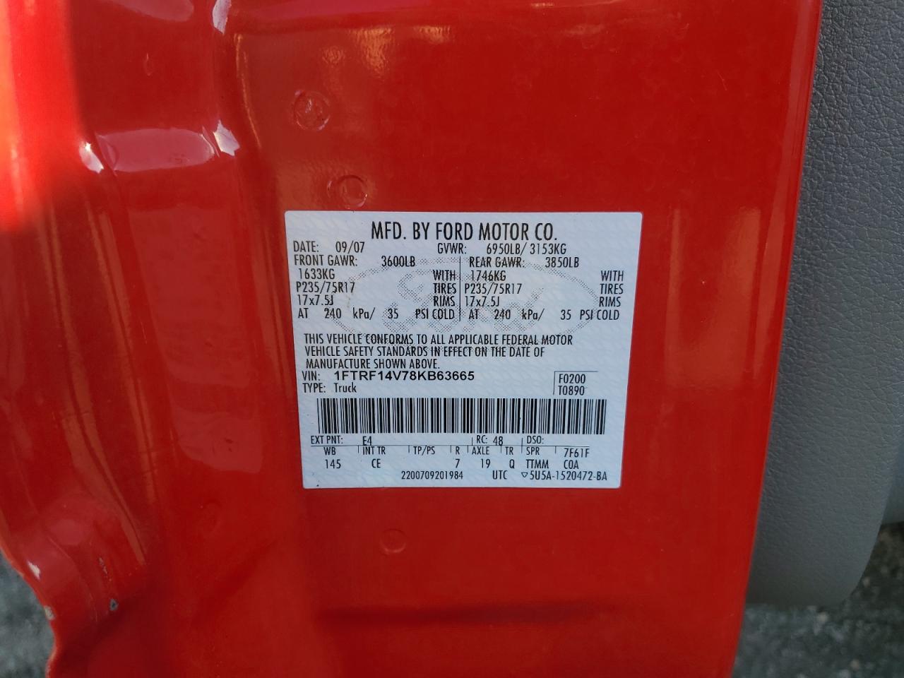 2008 Ford F150 VIN: 1FTRF14V78KB63665 Lot: 85713995