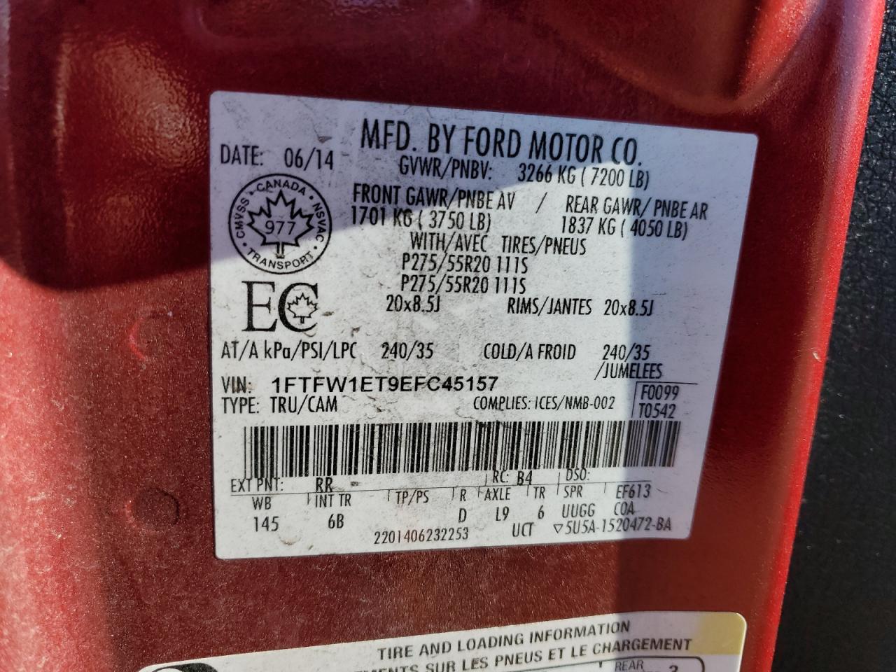 2014 Ford F150 Supercrew VIN: 1FTFW1ET9EFC45157 Lot: 90027705