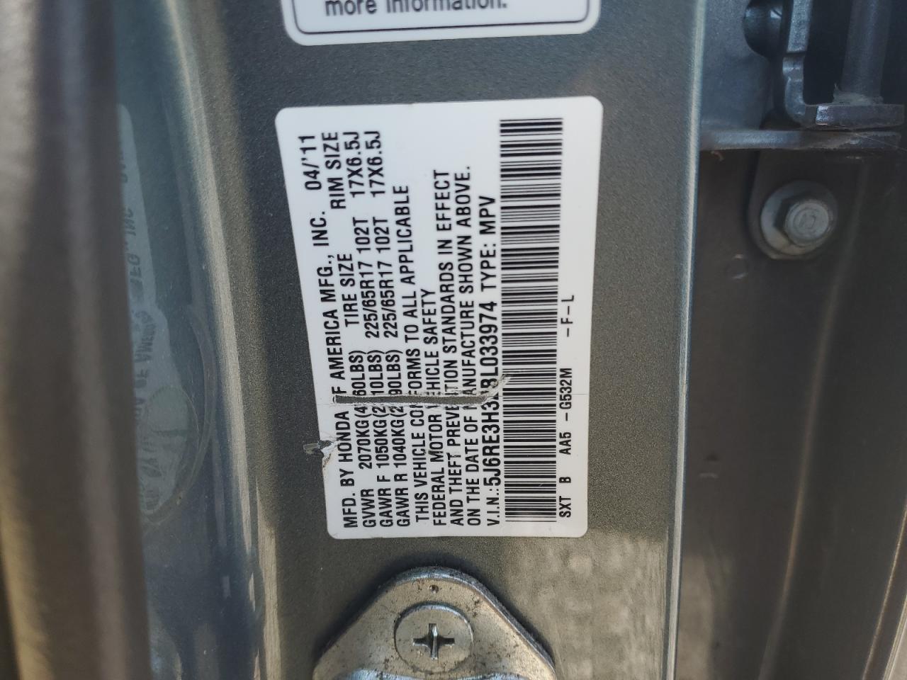 2011 Honda Cr-V Lx VIN: 5J6RE3H32BL033974 Lot: 85699795