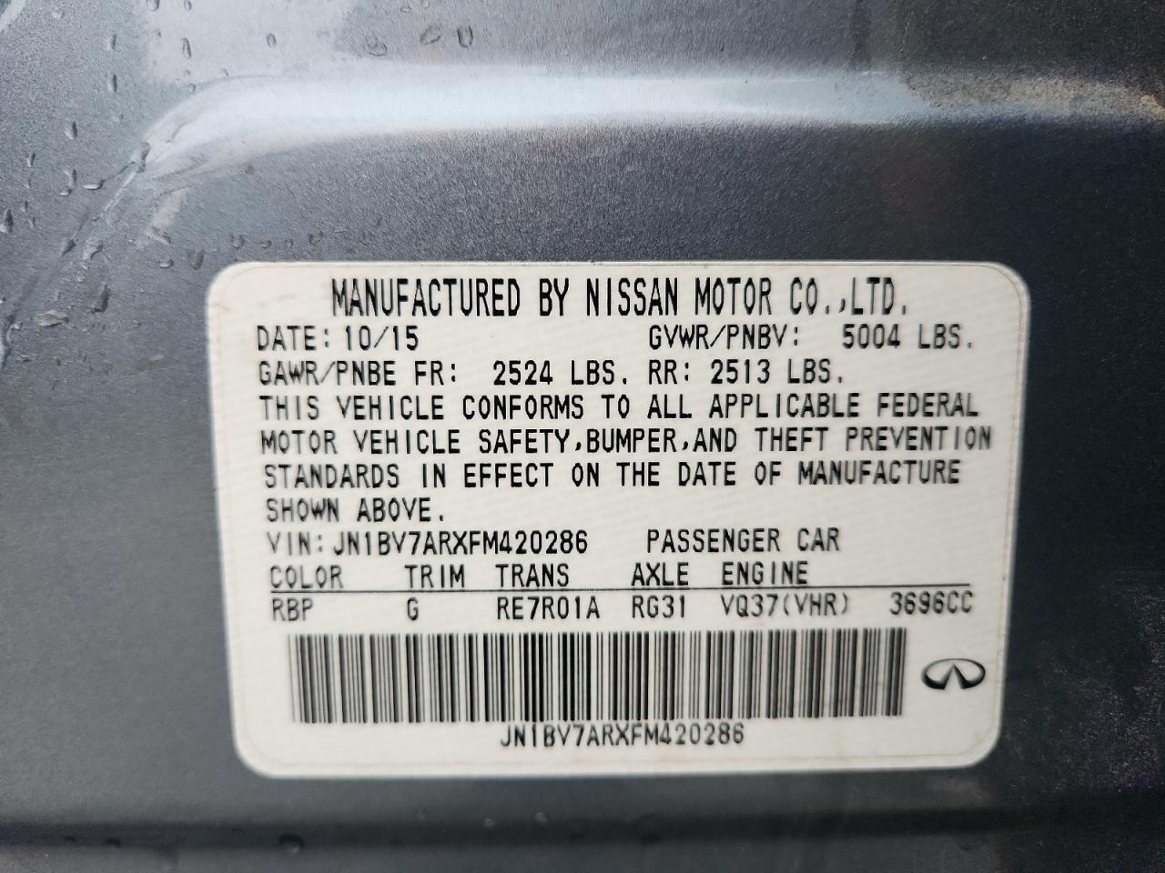 2015 Infiniti Q50 Base VIN: JN1BV7ARXFM420286 Lot: 85346315