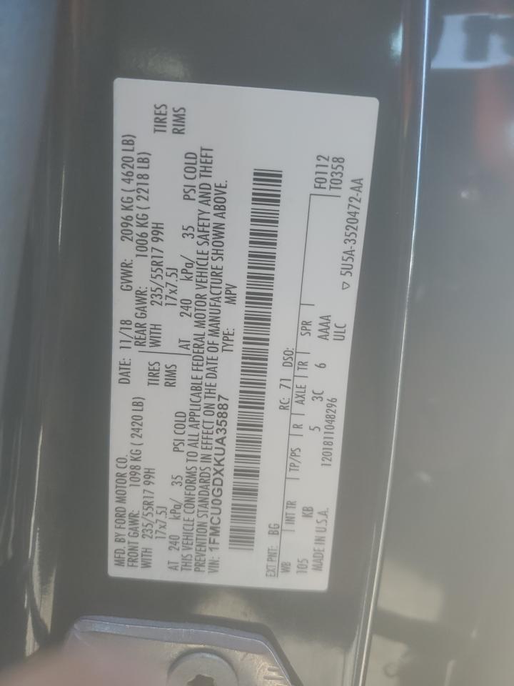 2019 Ford Escape Se VIN: A35887 Lot: 86663145