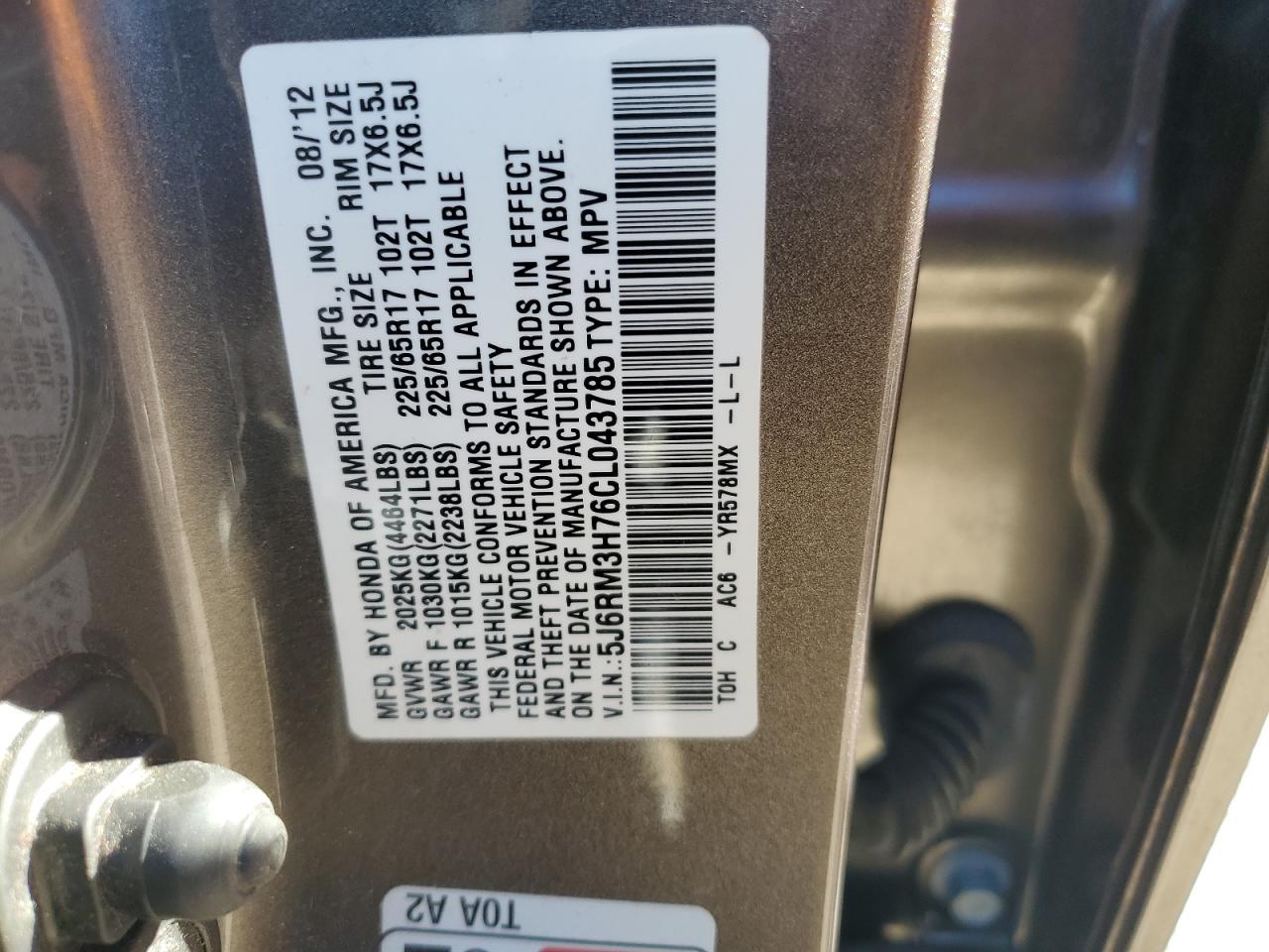 2012 Honda Cr-V Exl VIN: 5J6RM3H76CL043785 Lot: 86647035