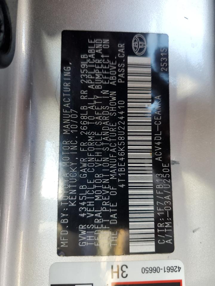 2008 Toyota Camry Ce VIN: 4T1BE46K58U224410 Lot: 82229365