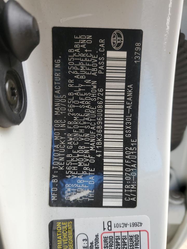 2006 Toyota Avalon Xl VIN: 4T1BK36B96U086726 Lot: 86285735