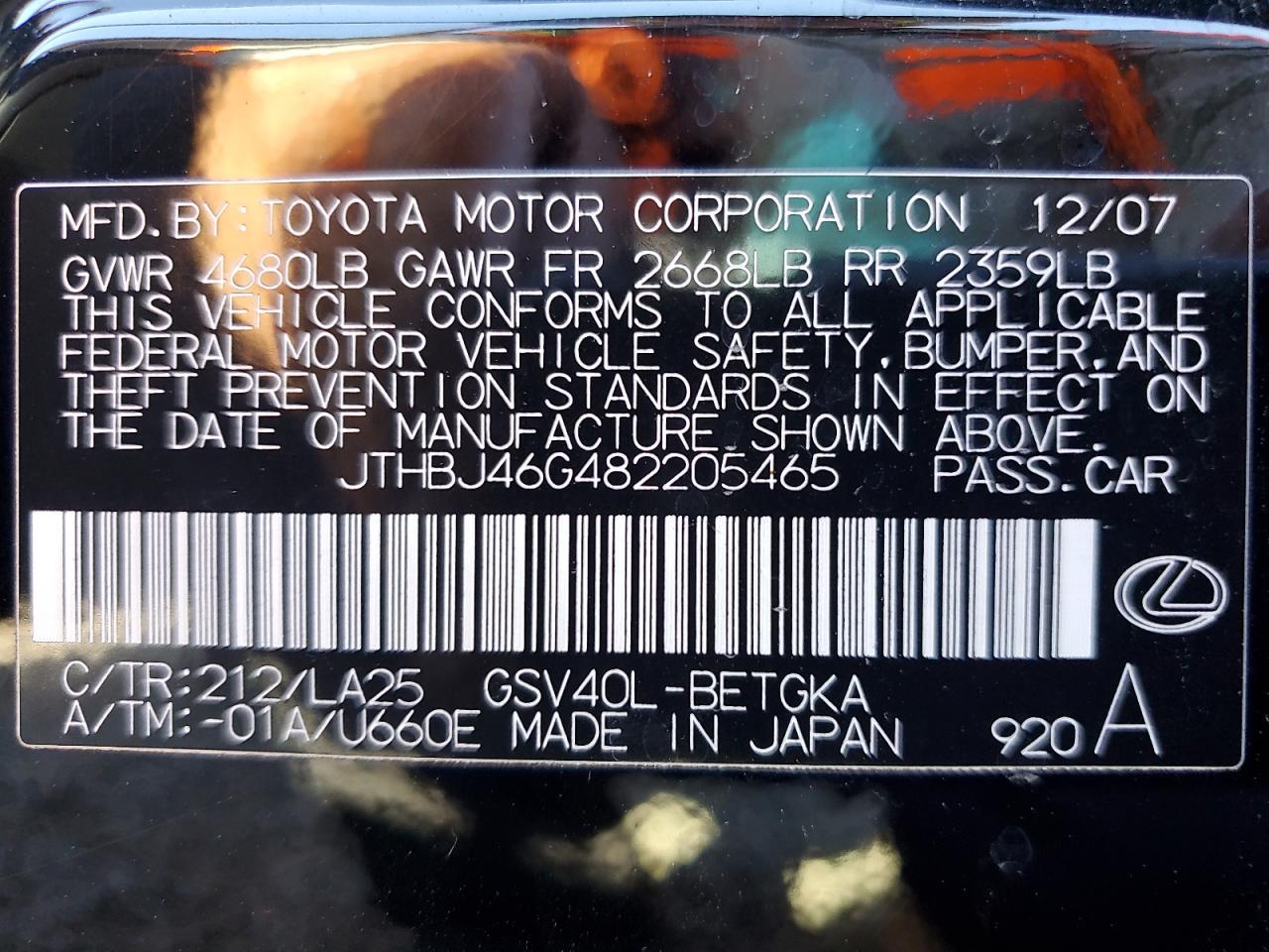 2008 Lexus Es 350 VIN: JTHBJ46G482205465 Lot: 84424525