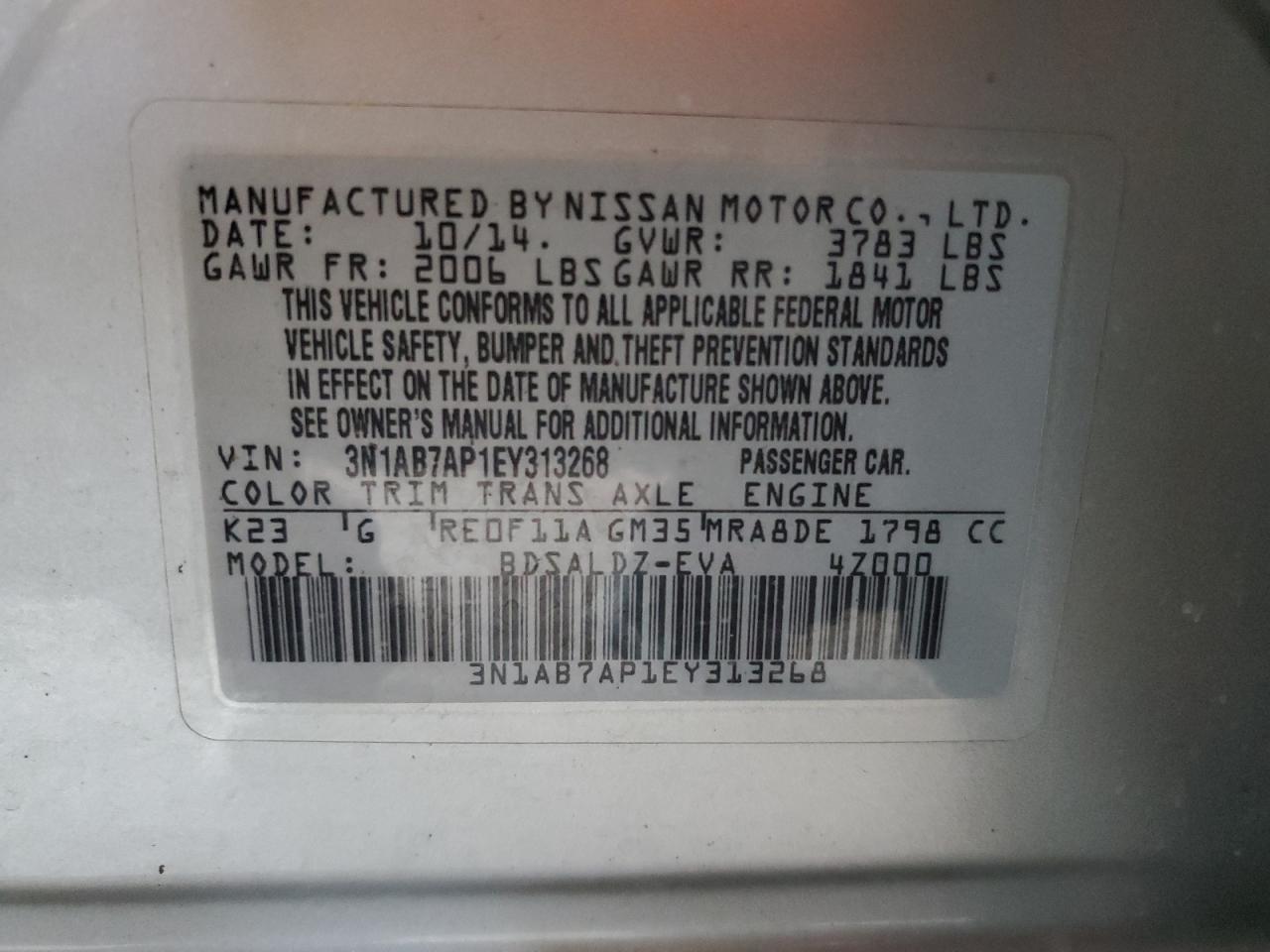 2014 Nissan Sentra S VIN: 3N1AB7AP1EY313268 Lot: 84943695