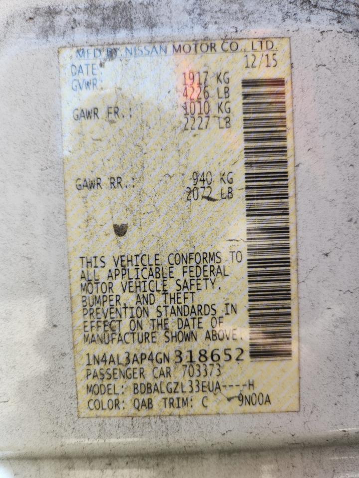 2016 Nissan Altima 2.5 VIN: 1N4AL3AP4GN318652 Lot: 90378605