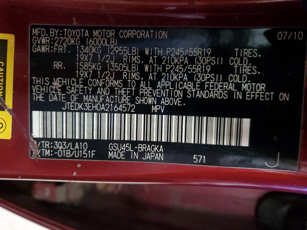 2010 Toyota Highlander Limited VIN: JTEDK3EH0A2164572 Lot: 85074725
