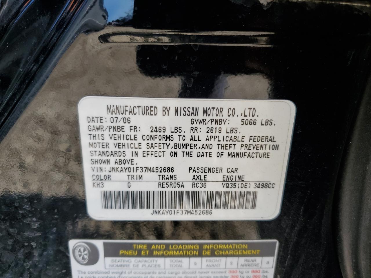 2007 Infiniti M35 Base VIN: JNKAY01F37M452686 Lot: 86645095