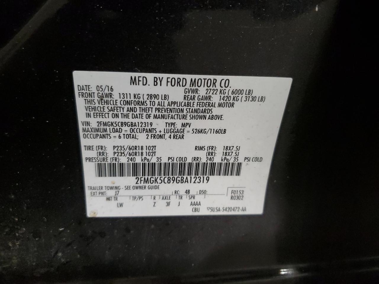 2016 Ford Flex Sel VIN: 2FMGK5C89GBA12319 Lot: 82546045