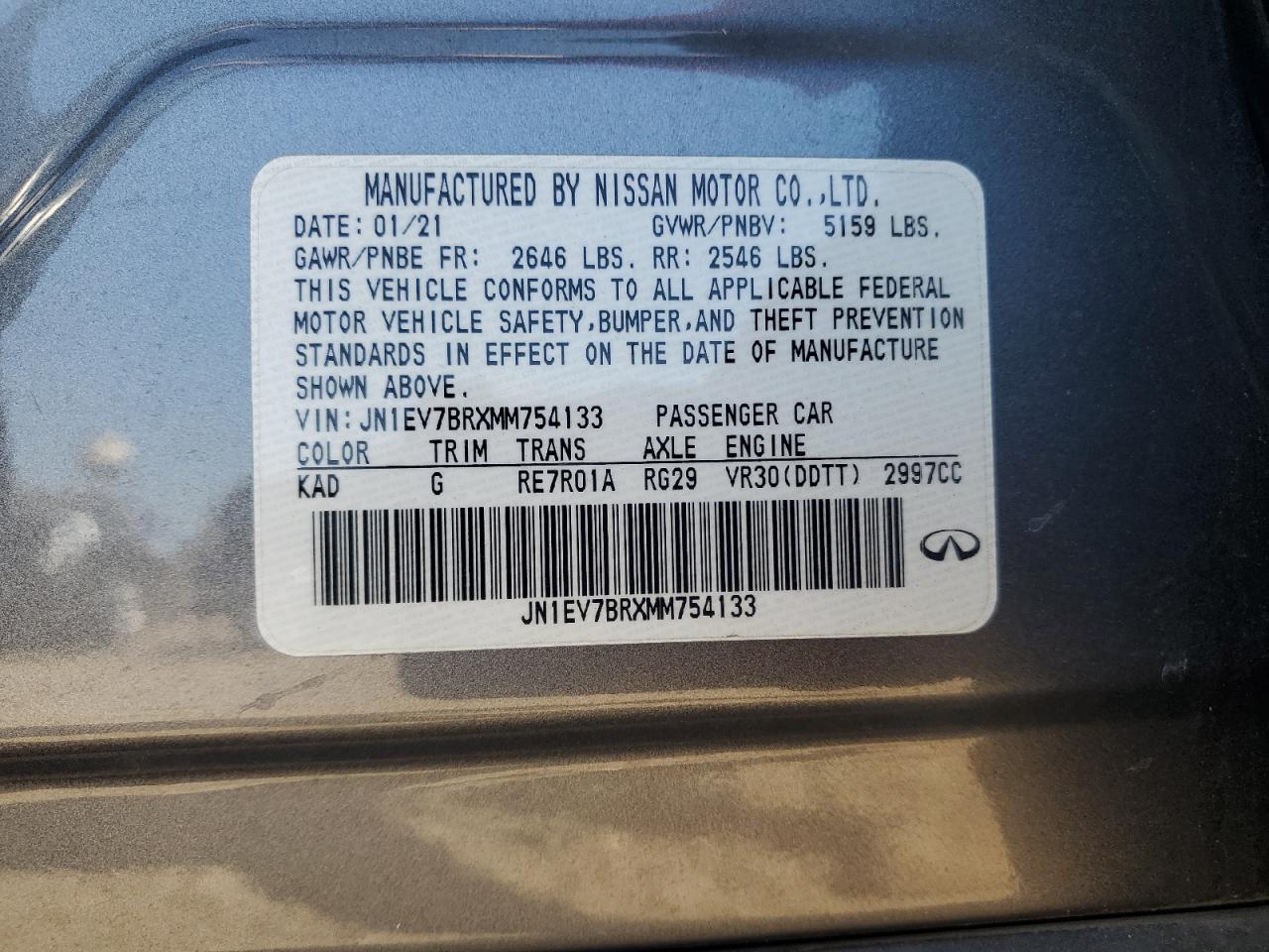 2021 Infiniti Q50 Luxe VIN: JN1EV7BRXMM754133 Lot: 85261265