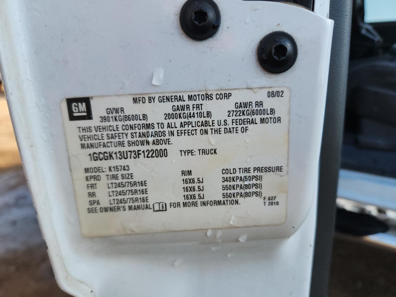 2003 Chevrolet Silverado K1500 Heavy Duty VIN: 1GCGK13U73F122000 Lot: 86267295