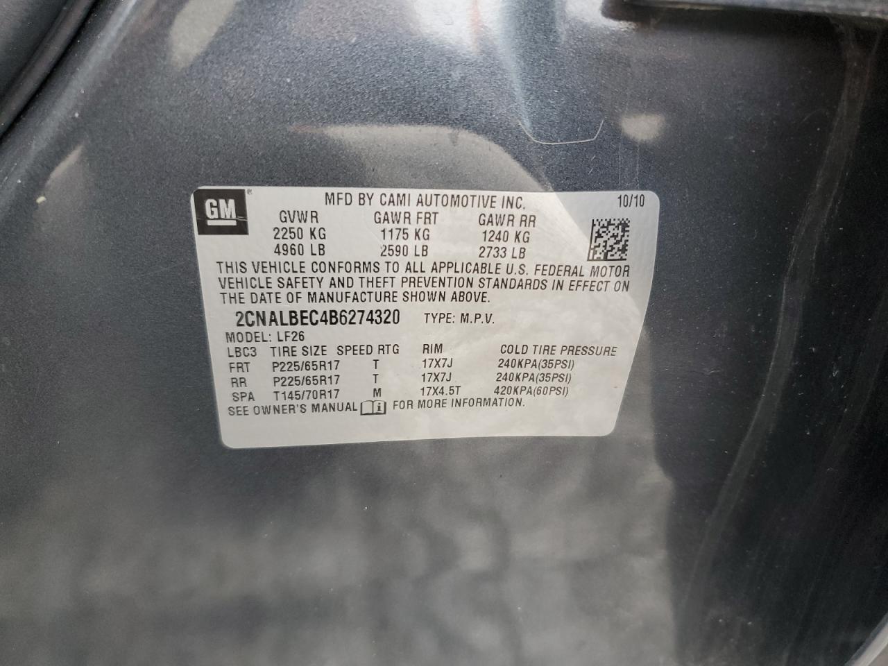 2011 Chevrolet Equinox Ls VIN: 2CNALBEC4B6274320 Lot: 85168855