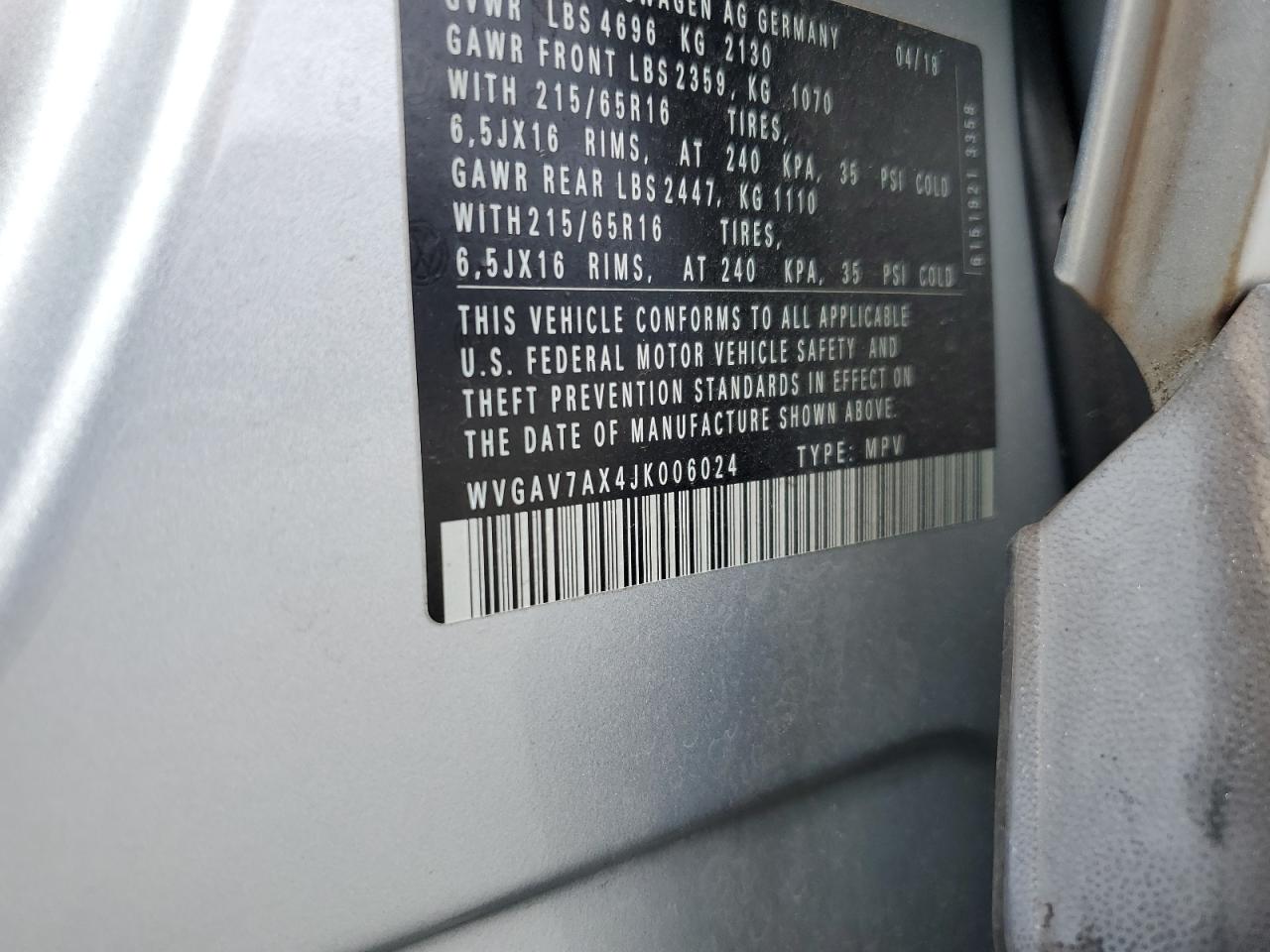 2018 Volkswagen Tiguan Limited VIN: WVGAV7AX4JK006024 Lot: 82189645