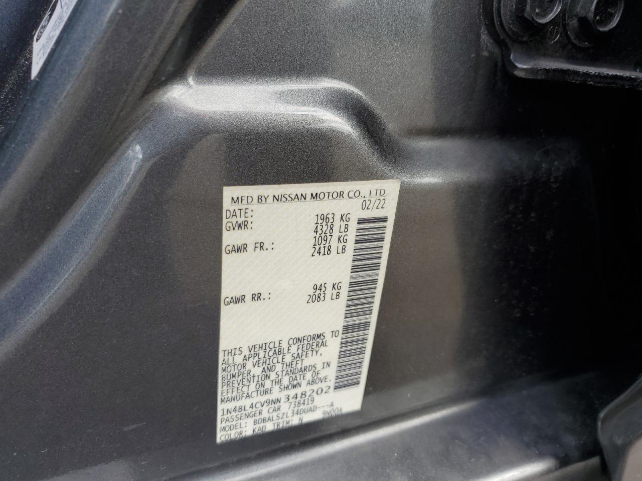 2022 Nissan Altima Sr VIN: 1N4BL4CV9NN348202 Lot: 81997475