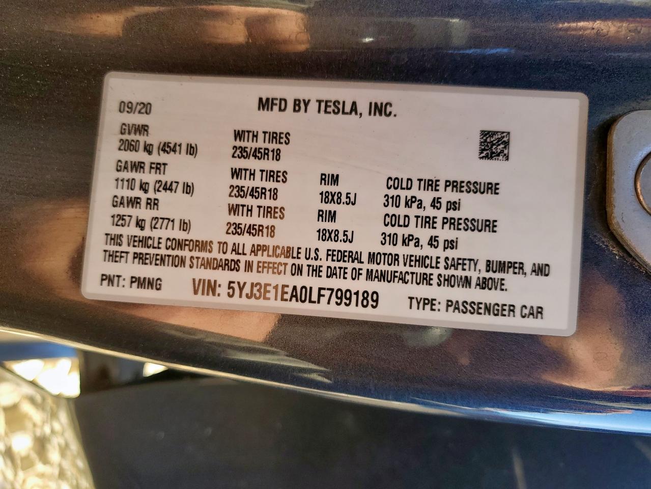 2020 Tesla Model 3 VIN: 5YJ3E1EA0LF799189 Lot: 89921125