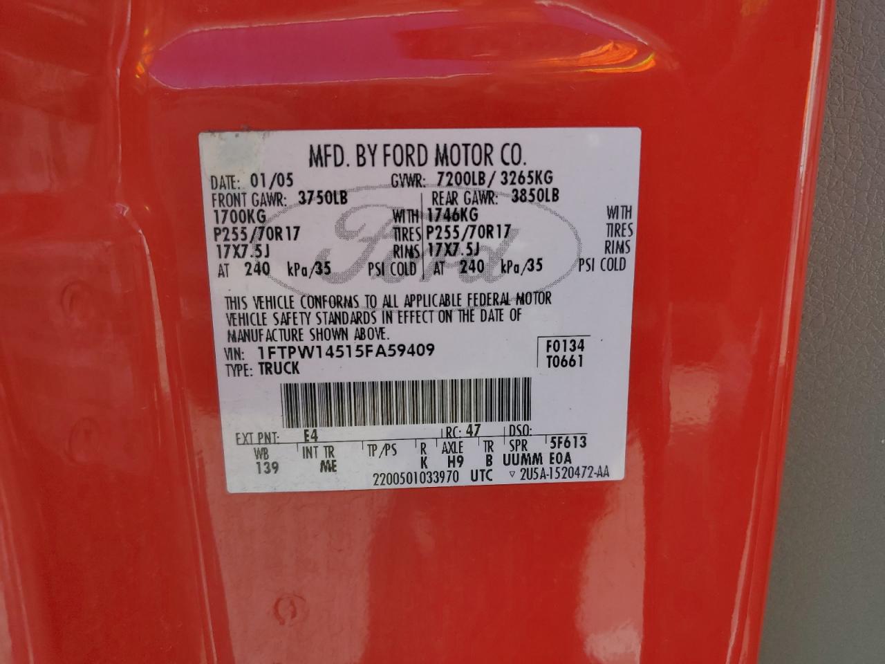 2005 Ford F150 Supercrew VIN: 1FTPW14515FA59409 Lot: 89649705