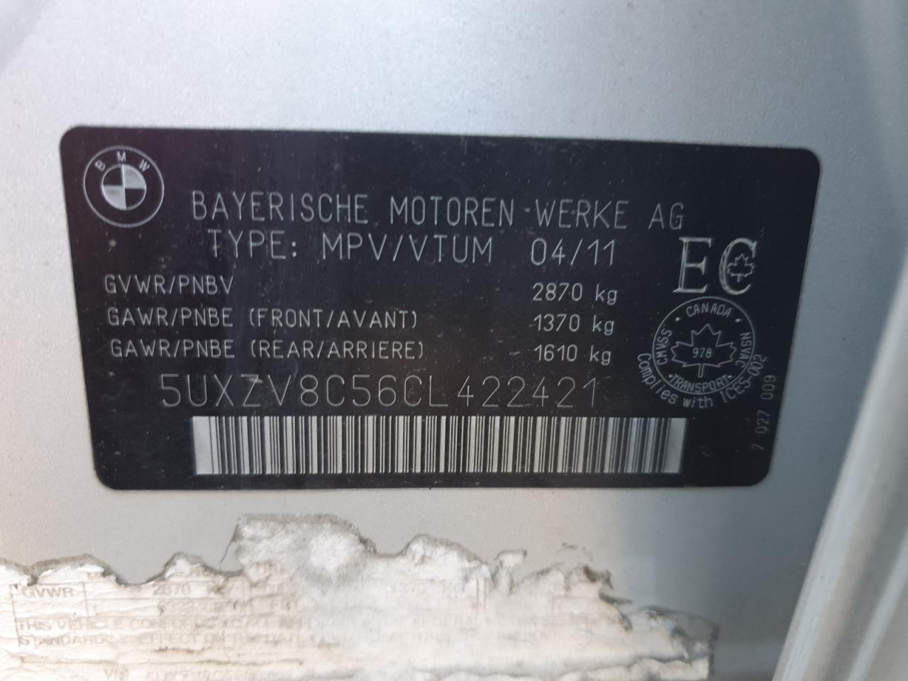 2012 BMW X5 xDrive50I VIN: 5UXZV8C56CL422421 Lot: 86335845