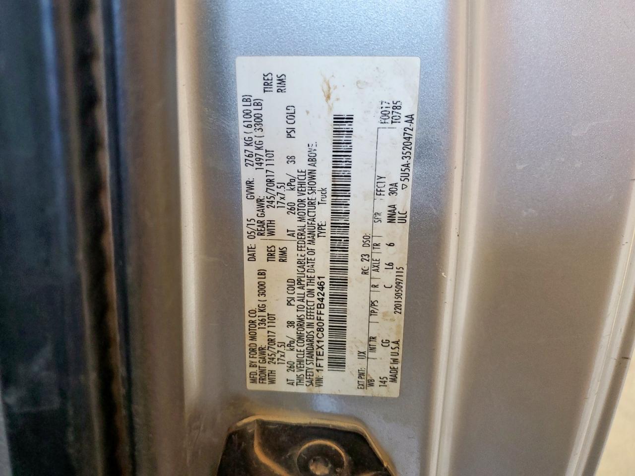 2015 Ford F150 Super Cab VIN: 1FTEX1C80FFB42461 Lot: 85938335