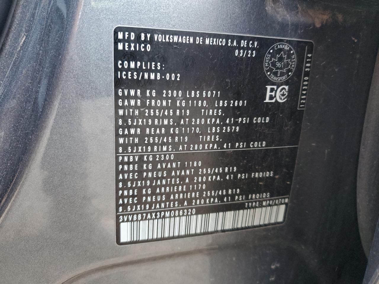 2023 Volkswagen Tiguan Se R-Line Black VIN: 3VV8B7AX3PM086320 Lot: 85492445